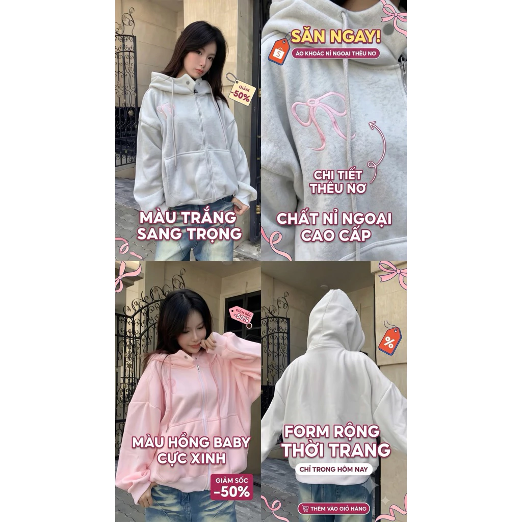 🎀 [Mã GIAM20K] Áo Khoác Nỉ Ngoại Thêu Nơ Form Rộng Nam Nữ Unisex - Áo Hoodi / Zip Nỉ Bông Cao Cấp Dày Dặn Style Hàn Quốc