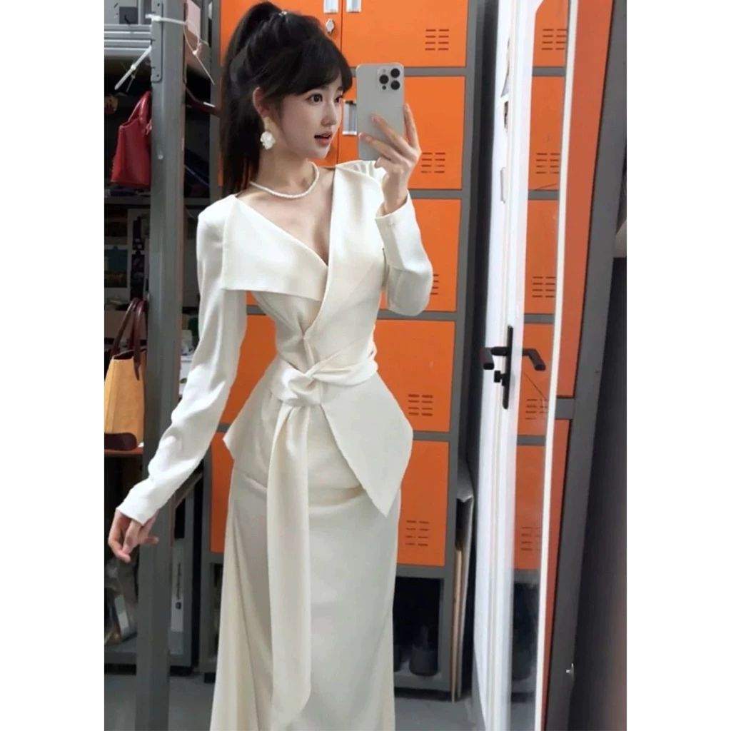 Đầm Dài Nữ Dự Tiệc Tay Dài Cổ V Xếp Ly Eo Thắt Nơ Dáng Ôm Thanh Lịch