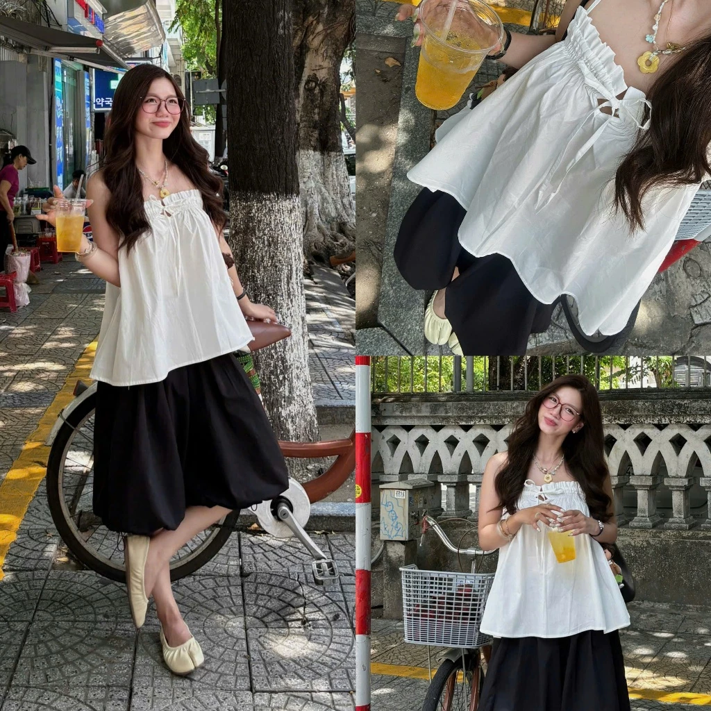 (ẢNH OLDSCHOOL) Áo 2 dây bèo rút dây nơ A3840 Ony Top