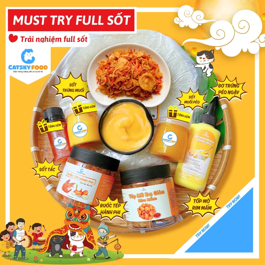 Bánh tráng phơi sương CATSKY FOOD combo bánh tráng sốt muối béo đồ ăn vặt tiện lợi - COMBO MUST TRY