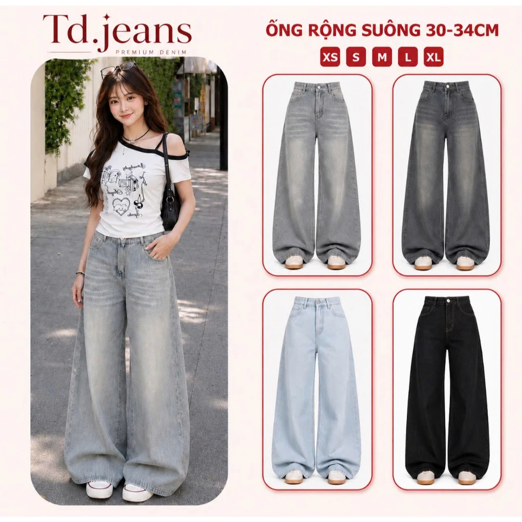 Quần Jean Ống Rộng 33cm TDJEAN Màu Retro Cạp Cao Siêu Tôn Dáng, Quần bò ống LOE RỘNG đủ size nhiều màu