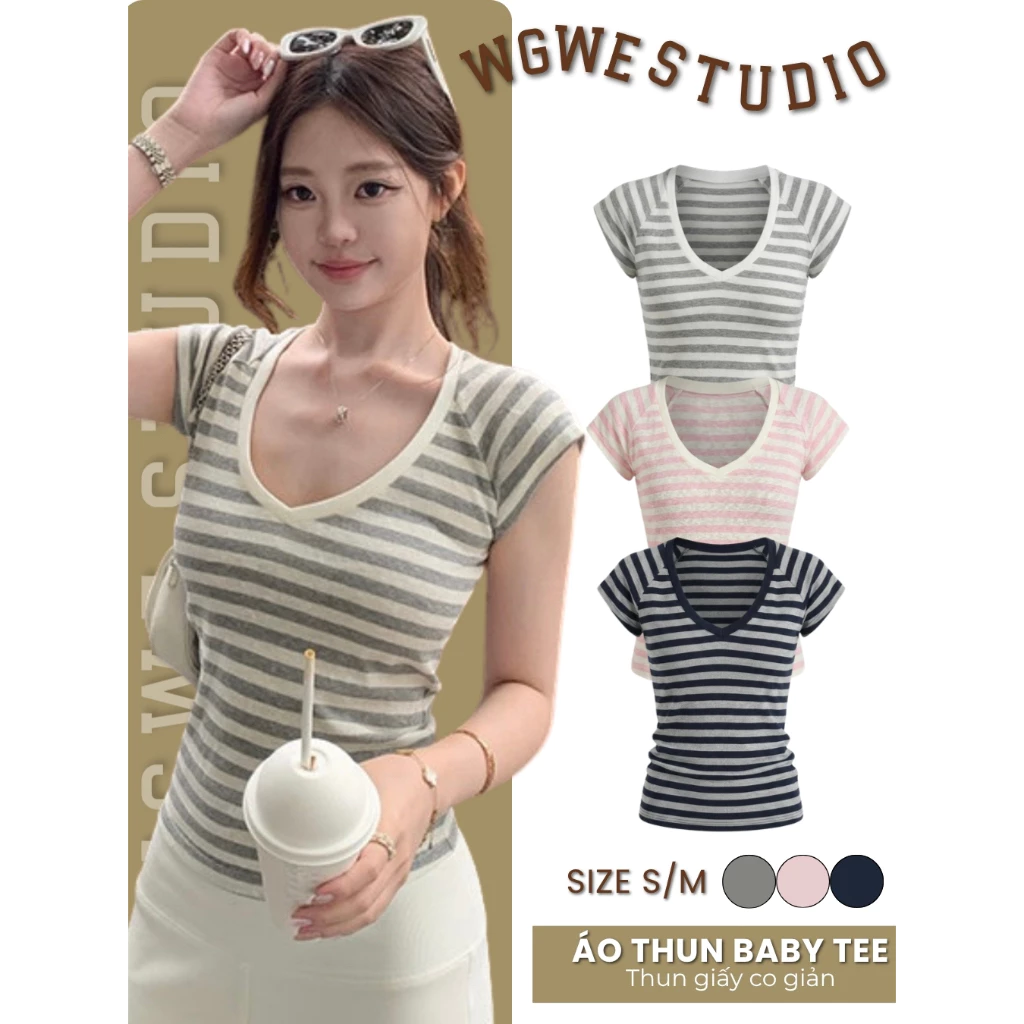WGWE Studio Áo Thun Baby Tee Kẻ Ngang - Cổ Tim Tay Ngắn Ôm Sát Tôn Dáng 9523