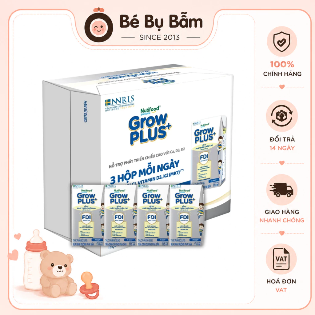 🥛 Thùng 24 Hộp Sữa Nutifood GrowPLUS+ Chính Hãng 110ml - Tăng Chiều Cao (Voucher Extra, Freeship)