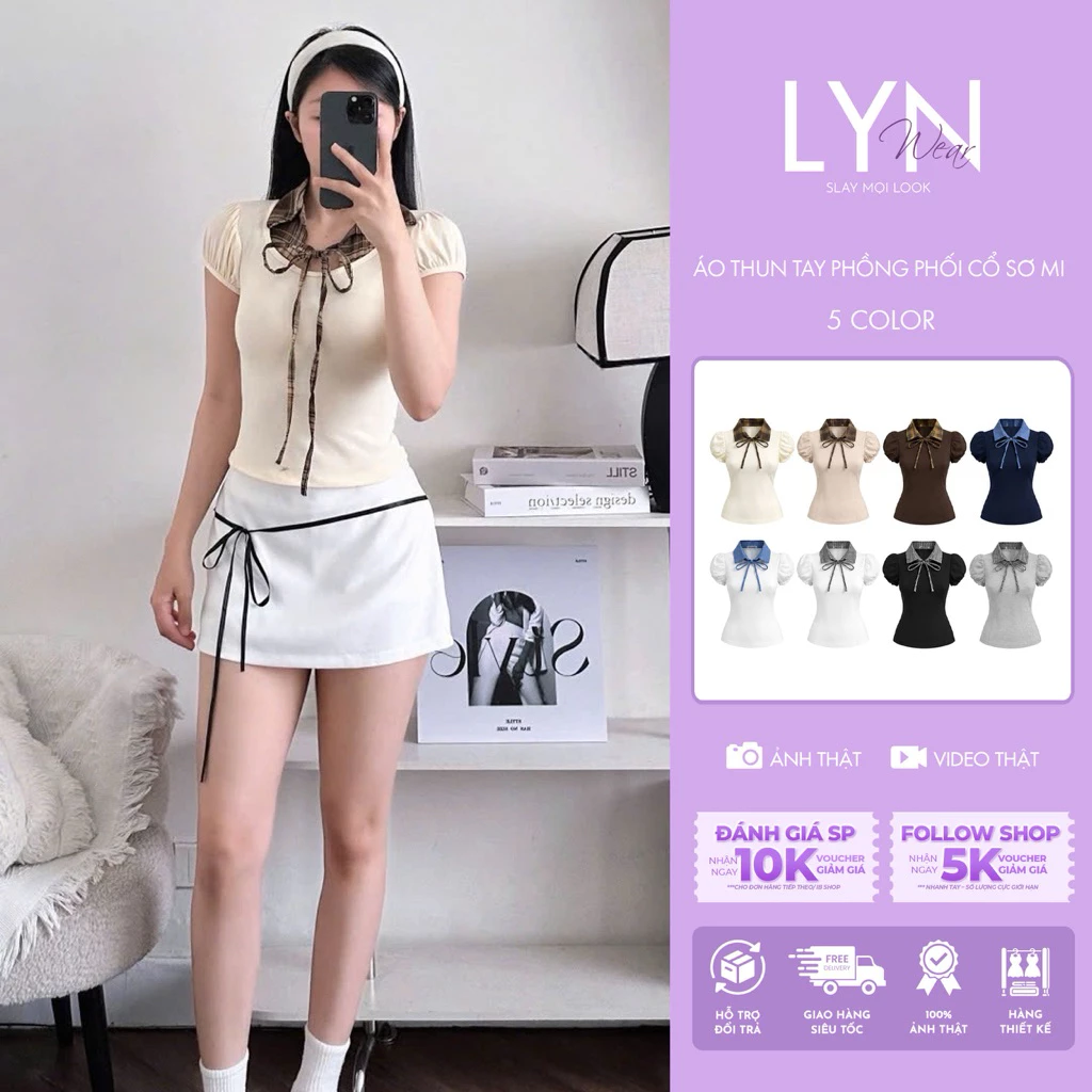 | LYN WEAR | Áo Kiểu Nữ Cổ Sơ Mi Tay Phồng Phối Caro Dây Nơ Dáng Ôm