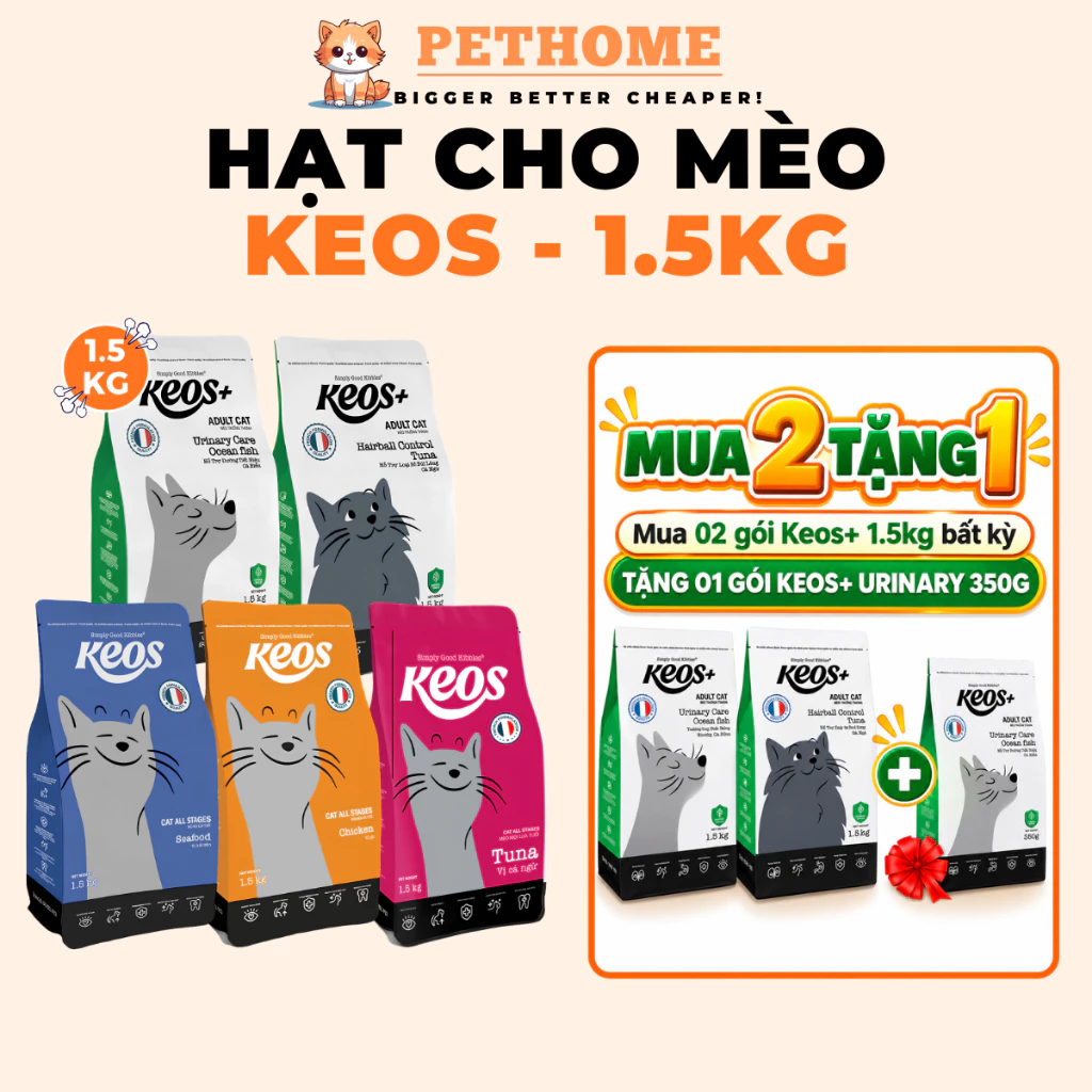 [Túi 1.5kg] Thức Ăn Hạt Cho Mèo Keos/Keos+ Dinh Dưỡng Toàn Diện - Nhiều Vị Cho Mèo Mọi Lứa Tuổi