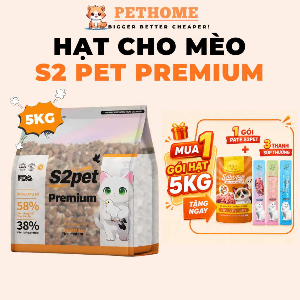 [Bao 5kg] Hạt Cho Mèo S2PET Premium Siêu Topping Ruốc Thịt, Thức Ăn Mèo Mọi Lứa Tuổi