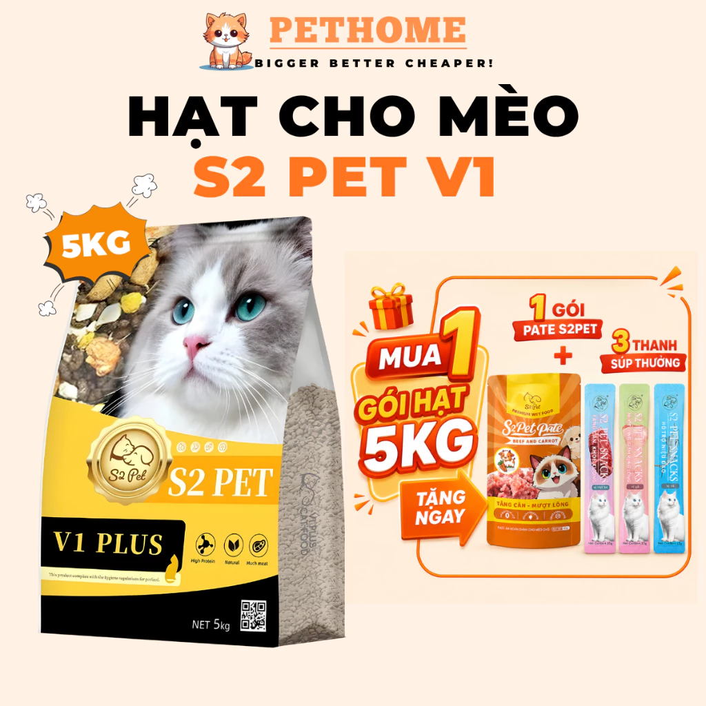 [TÚI 5KG] Hạt Cho Mèo S2PET V1 Đạm 32% Mix Thịt Đông Khô Kích Thích Thèm Ăn Phù Hợp Mọi Lứa Tuổi