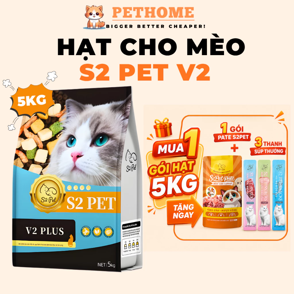 [TÚI 5KG] Hạt Cho Mèo S2PET V2 Siêu TOPPING 50% - Kích Thích Thèm Ăn, Phù Hợp Mọi Lứa Tuổi