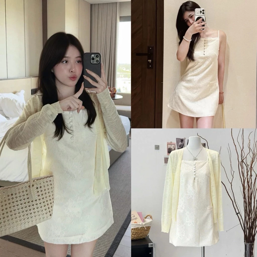Váy hai dây ren mix áo giấy cargidan tiểu thư BUN222, Set váy 2 dây kèm áo khoác Giấy