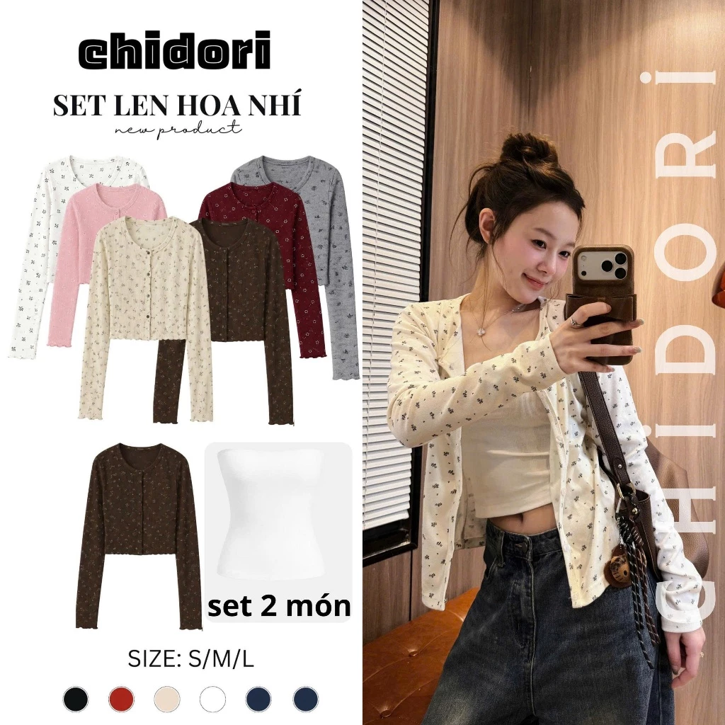 Áo Khoác Cardigan nữ tính Len Motogi cổ tròn dài tay thiết kế hoa nhí đơn giản phong cách hàn quốc