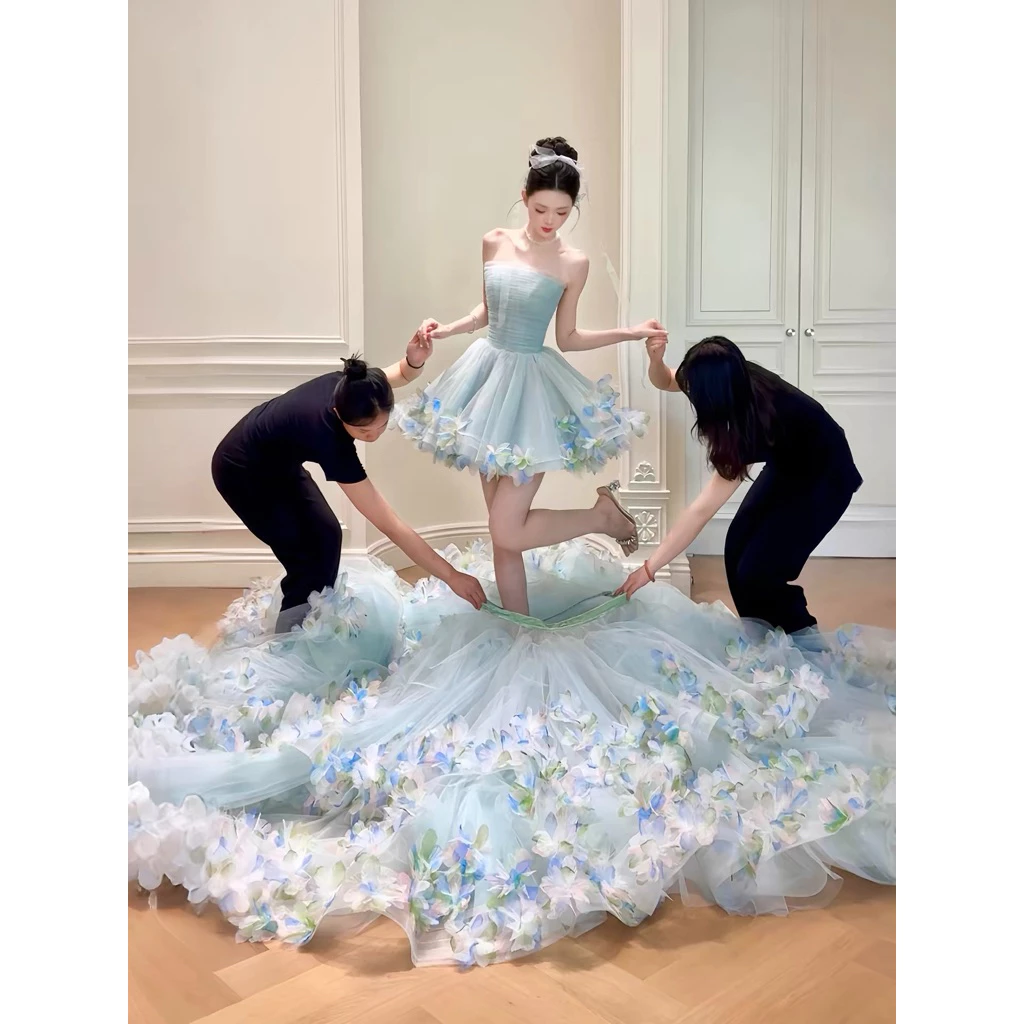 Đầm Dạ Hội Công Chúa Xanh Pastel Tulle Hoa 3D Dáng Xòe Bồng Bềnh Sang Trọng