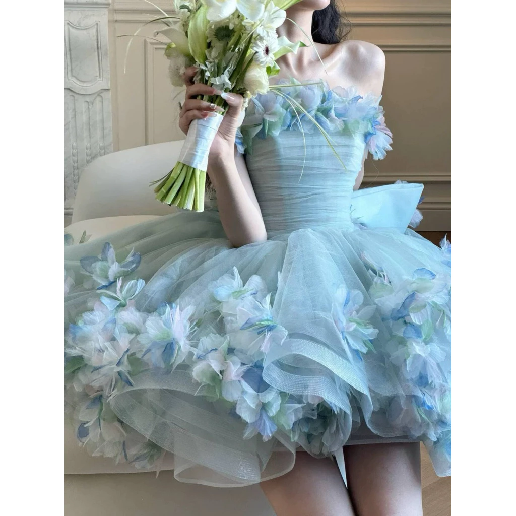 Đầm Dạ Hội Xanh Pastel Nơ Ngực Hoa 3D Tulle Xòe Dài Phong Cách Công Chúa
