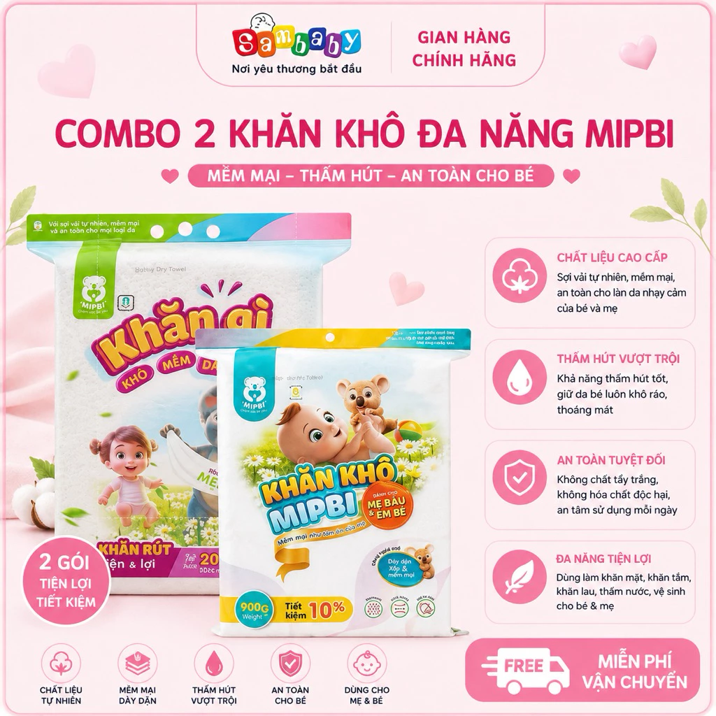 COMBO 2 Gói Khăn Khô Mipbi Cao Cấp Cho Trẻ Sơ Sinh Không Hóa Chất Khăn Lau Đa Năng Dùng Thay Khăn Ướt