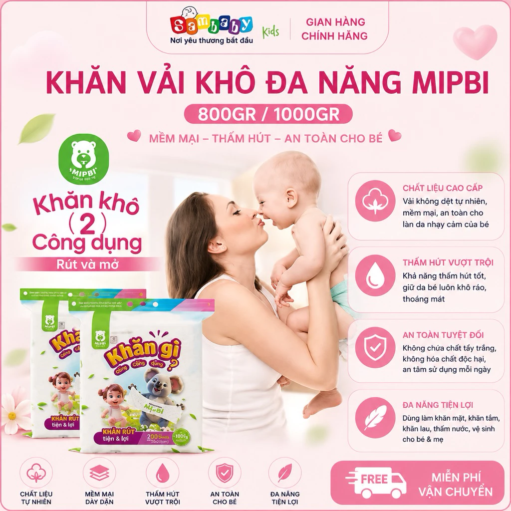 Khăn vải khô Mipbi đa năng dạng rút cao cấp không hóa chất, khăn lau cho mẹ và bé 600gr/800gr/1000gr
