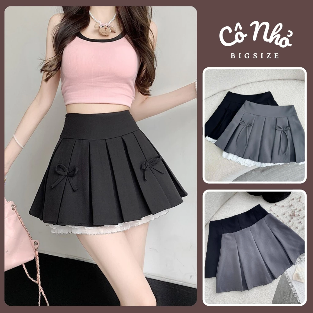 Chân Váy Bigsize Nữ Dáng Xếp Ly Xòe Phối Ren Dễ Thương Kèm Nơ Đứng Form Cho Chubby
