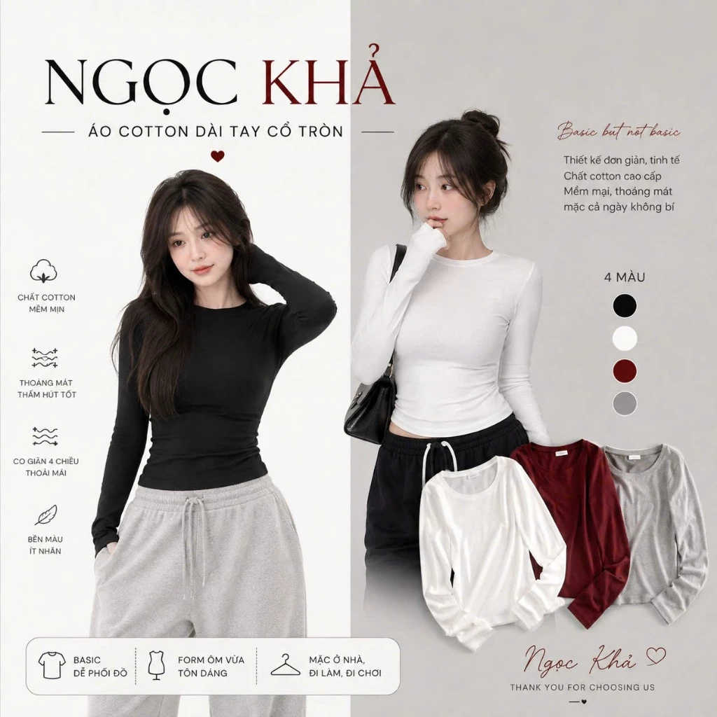 Áo Thun Cotton Dài Tay Cổ Tròn Basic – Mềm Mịn, Form Đẹp, Mặc Hằng Ngày a42