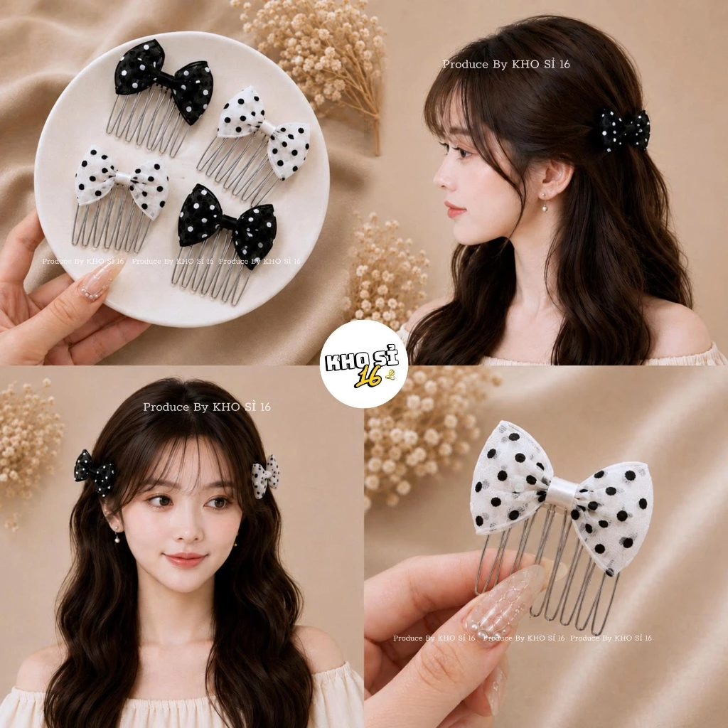 Kẹp Xược Nơ Voan Đen Trắng Phong Cách Tiểu Thư Vintage Hàn Quốc_Khosi16