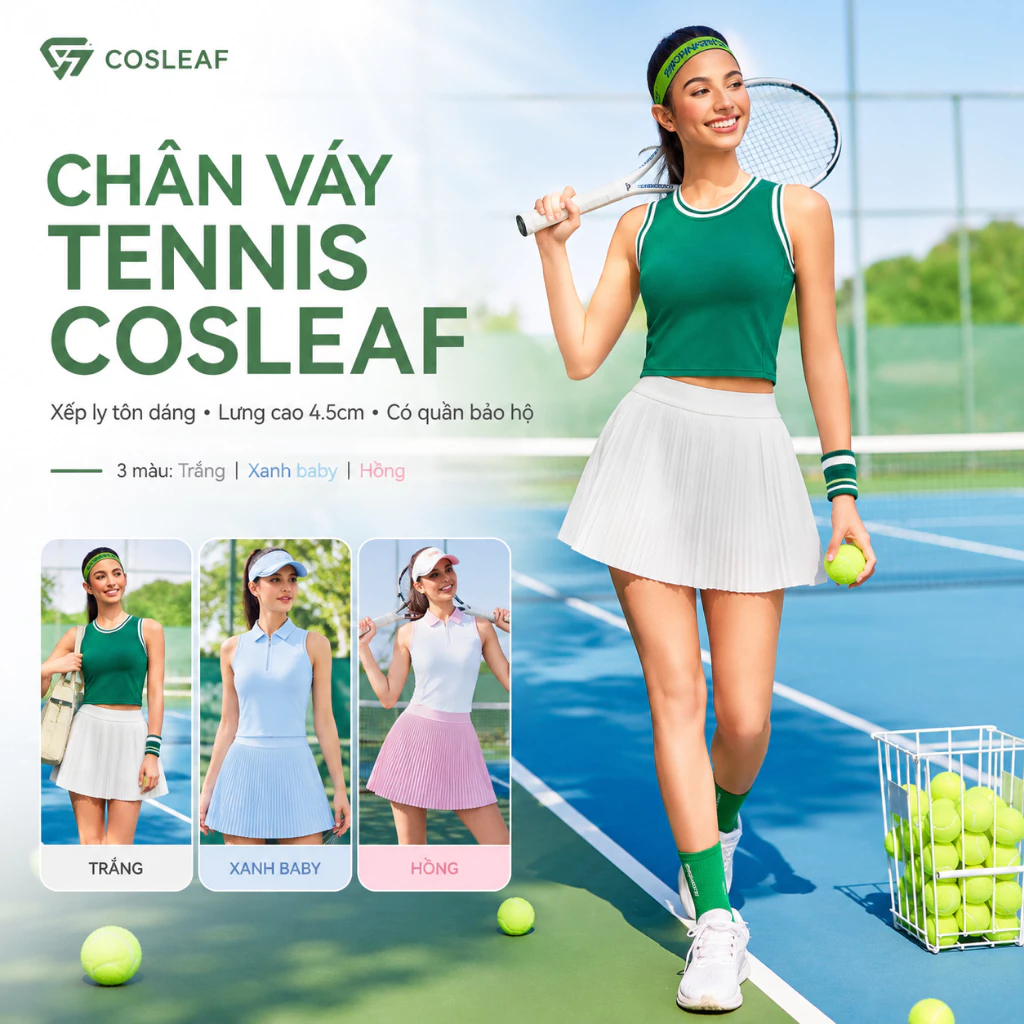 Chân váy Pickleball, tennis Shiwei Cosleaf cạp cao dáng chữ a, tôn dáng năng động 24314