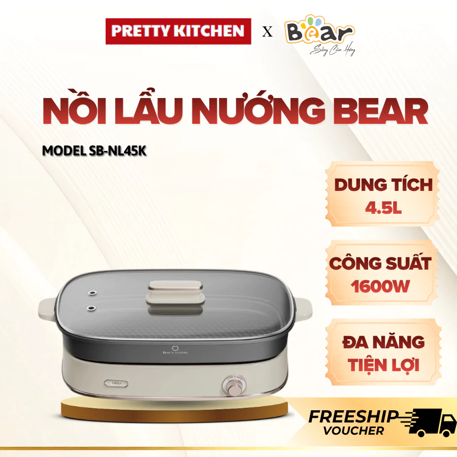 Nồi lẩu Bear SB-NL45K Đa Năng Nấu Lẩu Chiên Xào, Tay Cầm Cách Nhiệt An Toàn - Pretty Kitchen