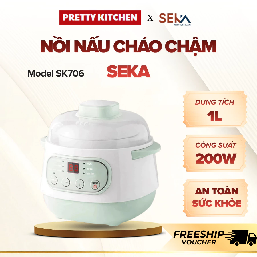 Nồi Nấu Cháo Chậm Đa Năng SEKA, Nồi Hầm Cháo Cho Bé Ăn Dặm Kèm Xửng Hấp Chưng Yến - Pretty Kitchen