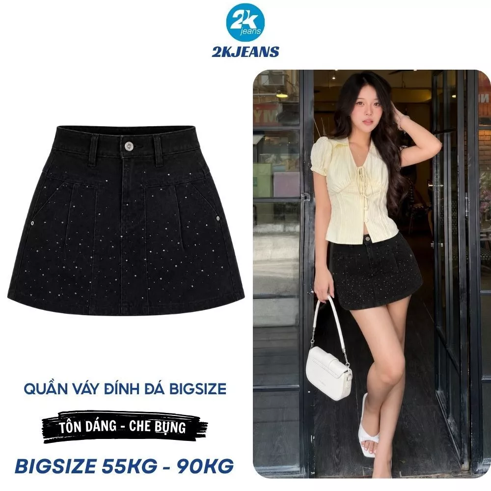 [DEAL SỐC] Quần Váy Jean Nữ Bigsize QC2130 Màu Đen Cạp Cao Đính Đá Tôn Dáng 55-90kg 2KJEANS