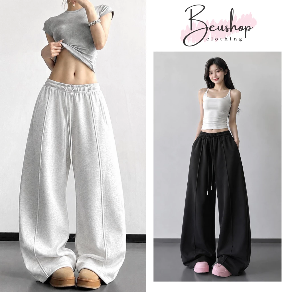 Quần Nỉ 2Da Nữ Kẻ Gân CẠP CHUN Dây Rút Suông Ống Rộng Quần Nỉ Unisex BIGSIZE From Rộng Tôn Dáng BEU