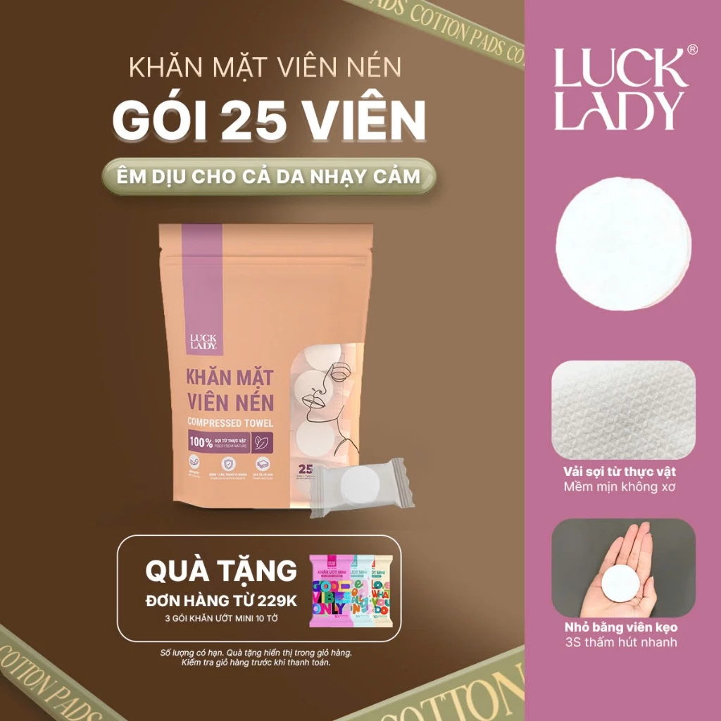 Khăn Nén Cao Cấp Luck Lady Nhỏ Gọn- Mang Đi Du Lịch, Công Tác Tiện Lợi - Gói 10, 25 Viên