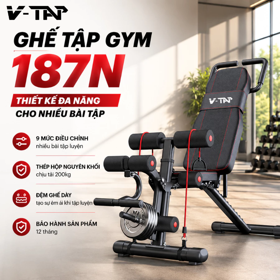 Ghế Tập Gym Tại Nhà V-TAP 187N Đa Năng Điều Chỉnh 9 Cấp Độ Có Đá Chân Chịu Tải 200kg