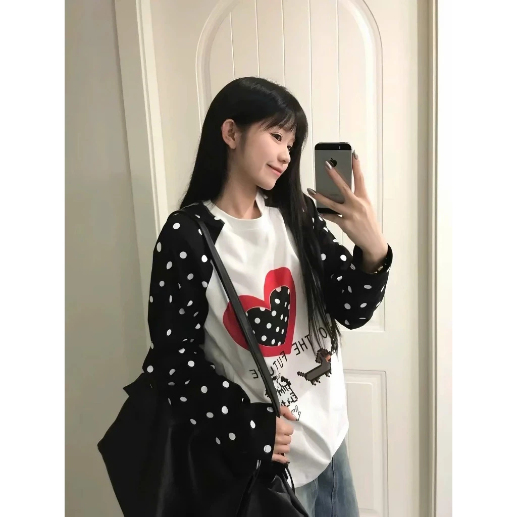 Áo phông nữ Dài Tay phối Chấm bi siêu Hot menina_studio, áo tay dài nữ phối tay chấm bi form rộng trẻ trung