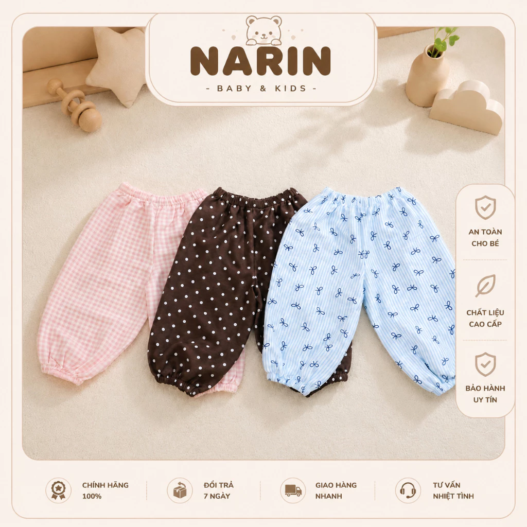 Quần boom cho bé Narin phong cách Hàn Quốc-thoáng khí, thấm hút mồ hôi giúp bé thoải mái vận động size 9M-4Y và 8-17kg.