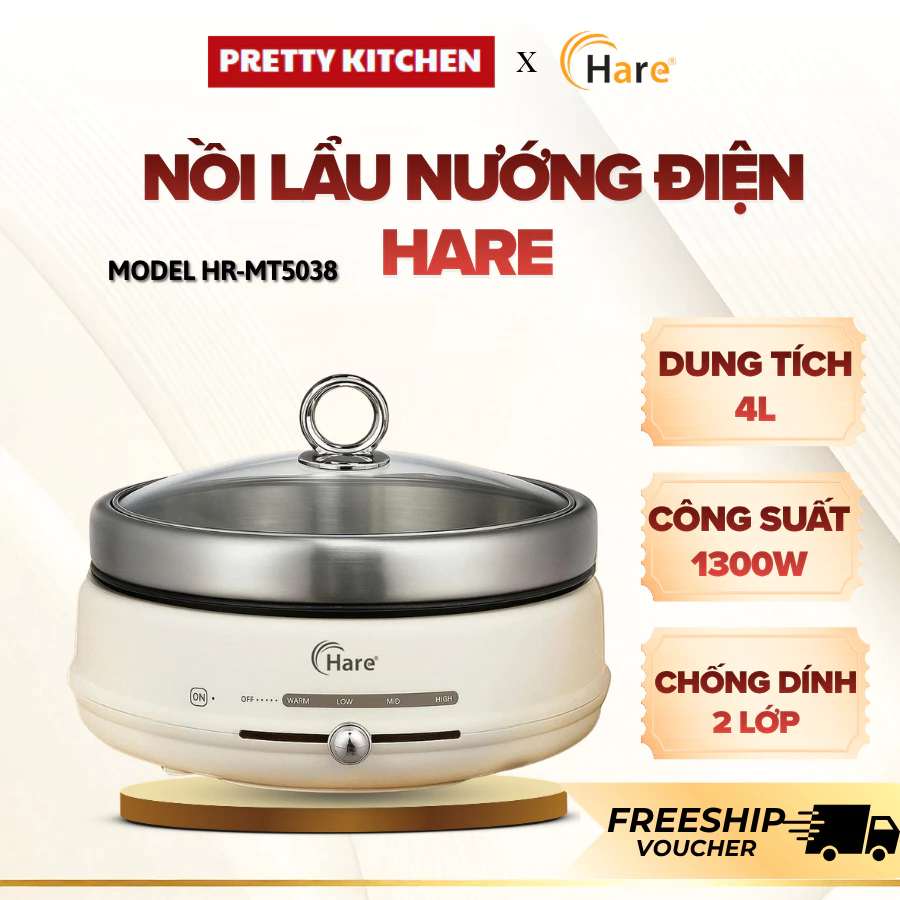 Nồi Lẩu Nướng Điện Hare HR-MT5038 Dung Tích 4L Công Suất 1300W, Lòng Nồi Inox 304 Tháo Rời - Pretty Kitchen
