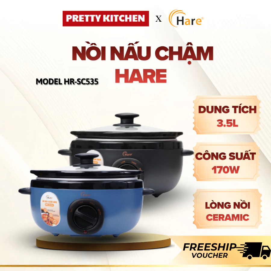 Nồi Nấu Chậm Hare 3.5L Công Suất 200W Gia Nhiệt Ổn Định Không Sôi Mạnh, Hạn Chế Trào Nước Khi Nấu Lâu- Pretty Kitchen