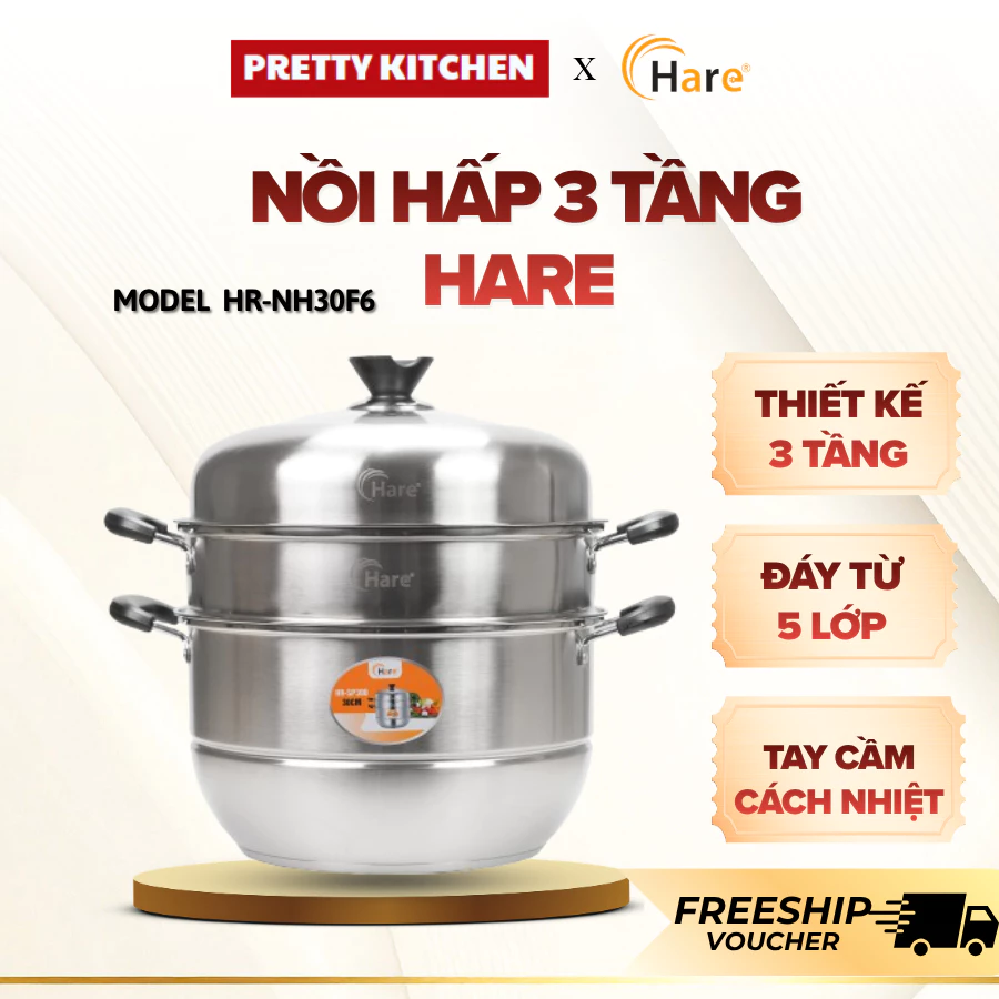 Nồi Hấp 3 Tầng Hare 30Cm HR-SP300 Kèm 2 Vỉ Hấp Tiện Lợi, Chất Liệu Dày Dặn An Toàn Cho Sức Khỏe - Pretty Kitchen
