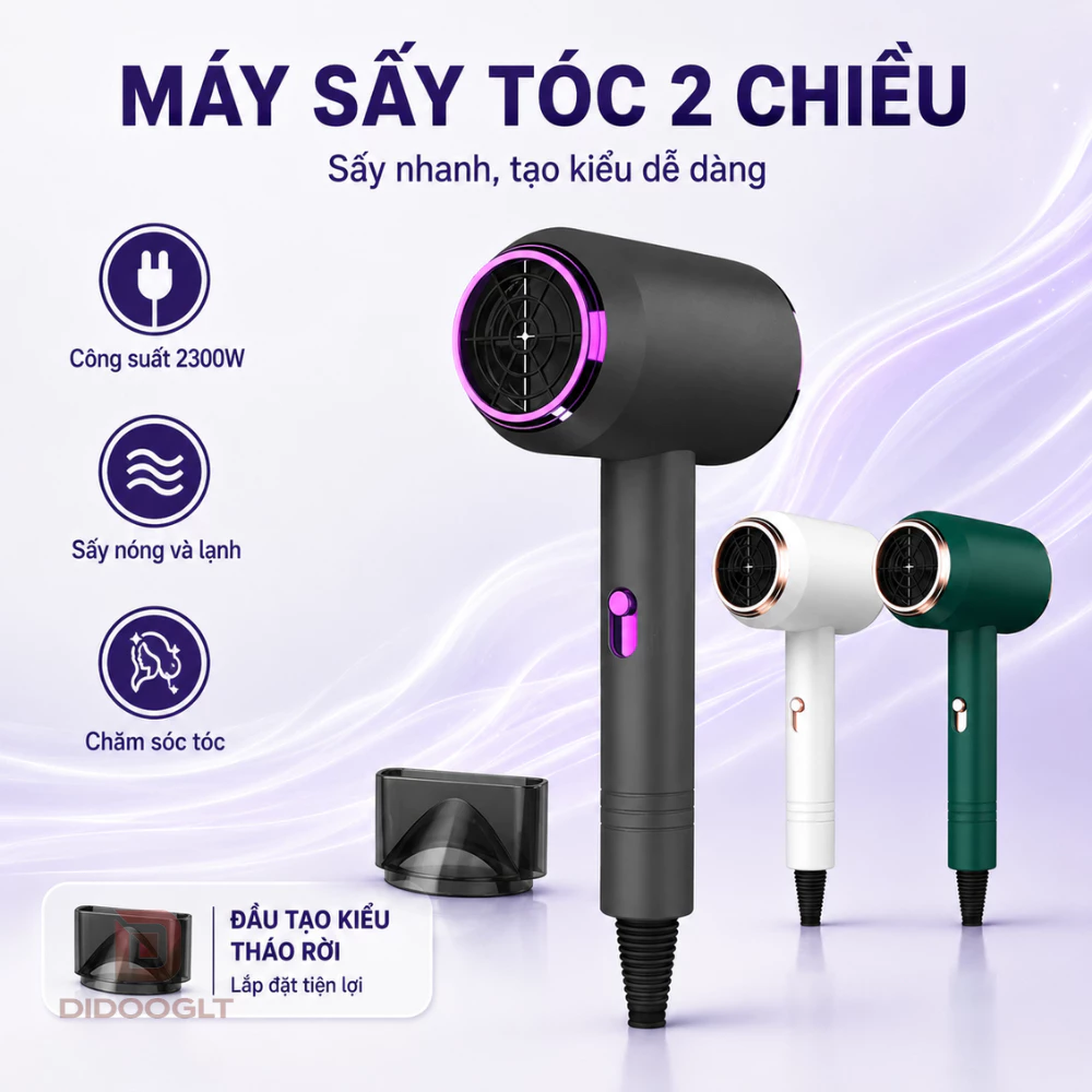 Máy sấy tóc 2 chiều nóng lạnh công suất lớn 2300W, có 3 chế độ sấy, tạo kiểu tặng kèm đầu sấy ( didooglt )