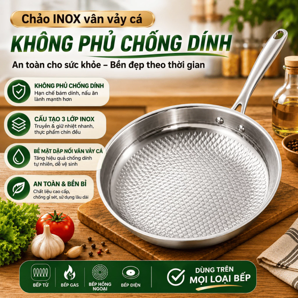 [SSS] Chảo Inox 304 Nguyên Khối Chống Dính Vân Vảy Cá, Siêu Bền, Dùng Cho Mọi Loại Bếp