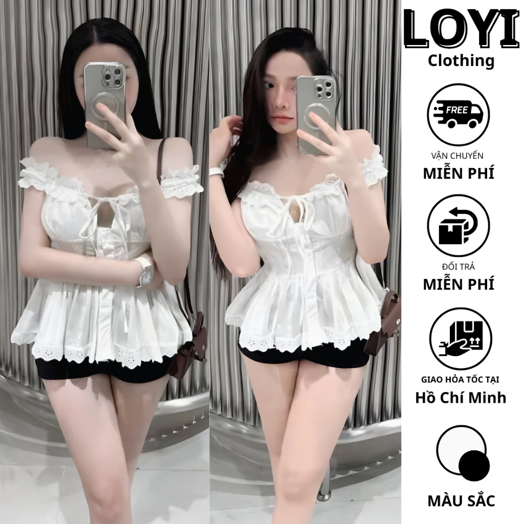 [Hỏa Tốc] Set Nữ Áo Trễ Vai Ren Dây Rút Phối Bèo Nữ Tính + Quần Short, Set Đồ Nữ Tiểu Thư, Dễ Thương