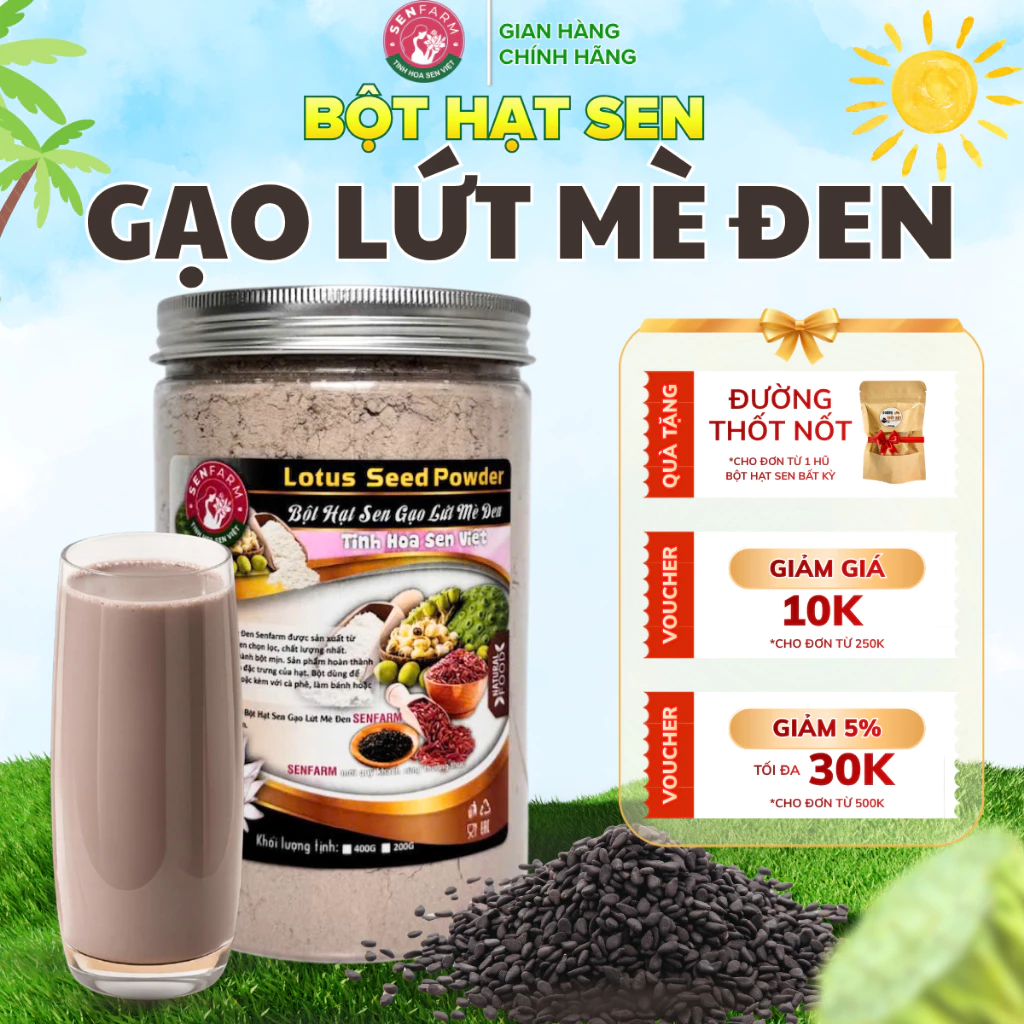 Bột Hạt Sen, Gạo Lứt, Mè đen nguyên chất Senfarm - Không đường