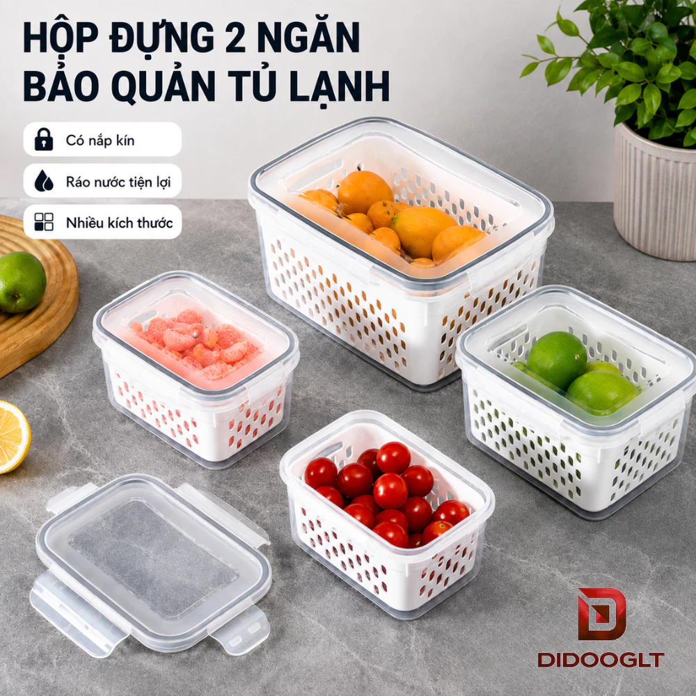 Bộ 3 Hộp Đựng Thực Phẩm Tủ Lạnh 2 Lớp Kèm Rổ Ráo Nước, Nhựa PP Có Nắp