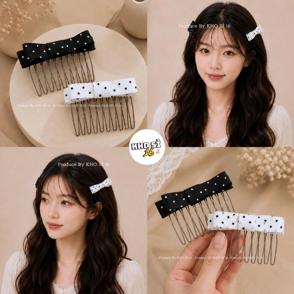 Kẹp Xược Nơ Vải Chấm Bi Cài Tóc Nữ Phong Cách Tiểu Thư Hàn Quốc Tối Giản_Khosi16