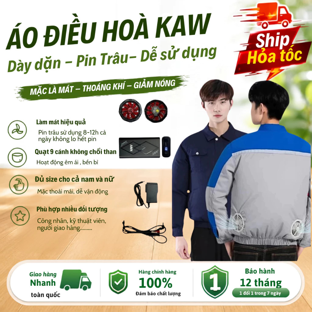Áo Điều Hòa KAW Chính Hãng Pin 35.000Mah 8-12H Quạt Mát, Chống Nắng Nóng, An Toàn BH 12 tháng
