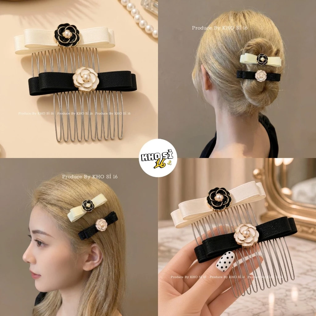 Kẹp Xược Nơ Đính Hoa Ngọc Trai, Lược Cài Tóc Nữ Phong Cách Tiểu Thư_Khosi16