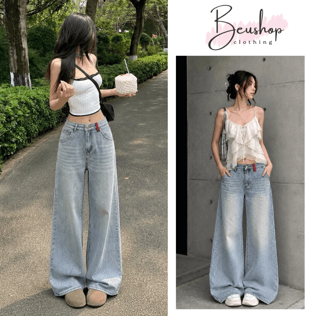 [Deal Mới] Quần Jean Suông Ống Rộng Nữ Line Đỏ Lưng Cao Form Đứng Dáng Dài Quần Jean Denim Mềm Basic Năng Động