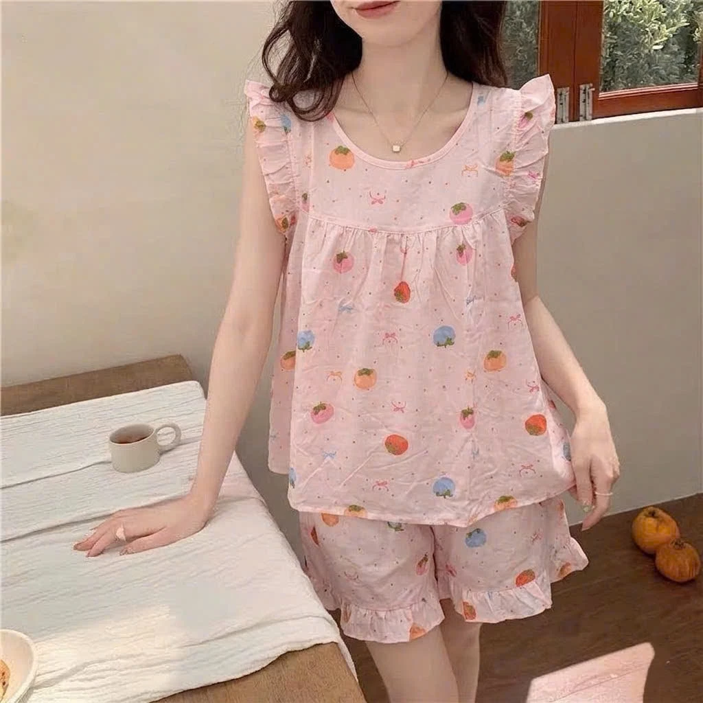 Bộ Đồ Ngủ Nữ Áo Cánh Tiên Quần ngắn Chất Vải Mềm Mát, Đồ Bộ Mặc Nhà Dễ Thương