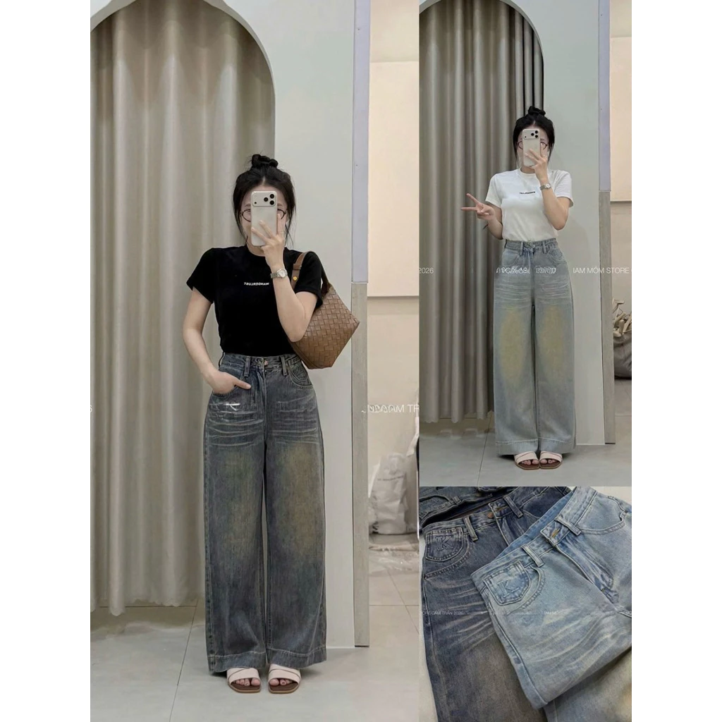 Quần jeans suông nữ cạp cao ống rộng 2 màu hottrend (sẵn ship)
