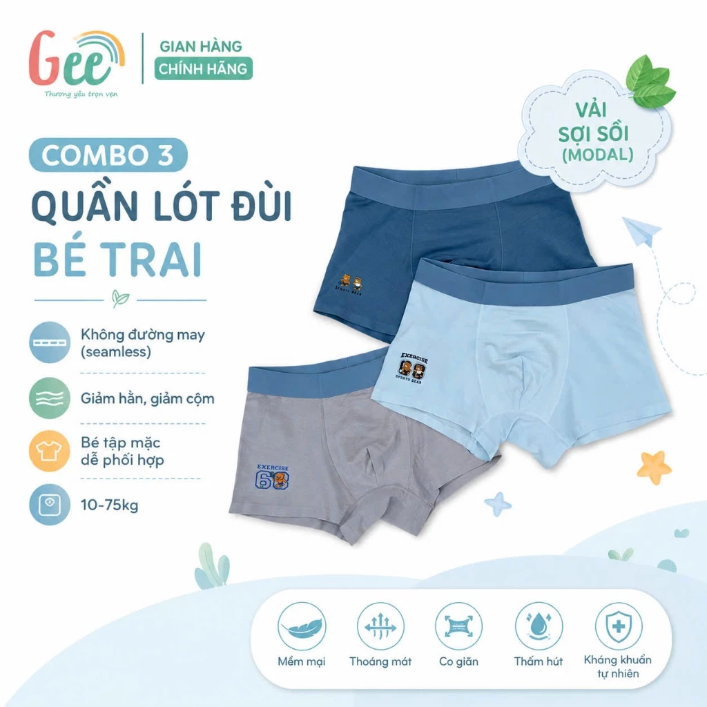Set 3 quần sịp đùi bé trai Gee sợi sồi không đường may, vải modal mềm mát, co giãn, size 10–75kg