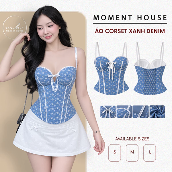 Áo corset Xanh denim phối hoa nhí thêu, có 4 xương ôm eo, có mút ngực và dây kéo