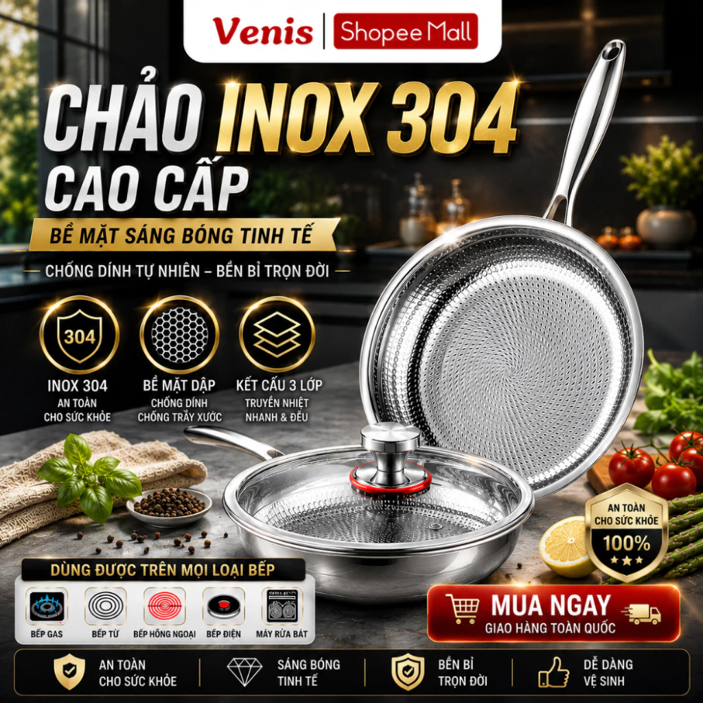 Chảo Inox Vân Vảy Cá 304 Chống Dính Vật Lý 3 Lớp, Chảo Inox Cao Cấp Dùng Bếp Từ, Bếp Gas Đa Năng