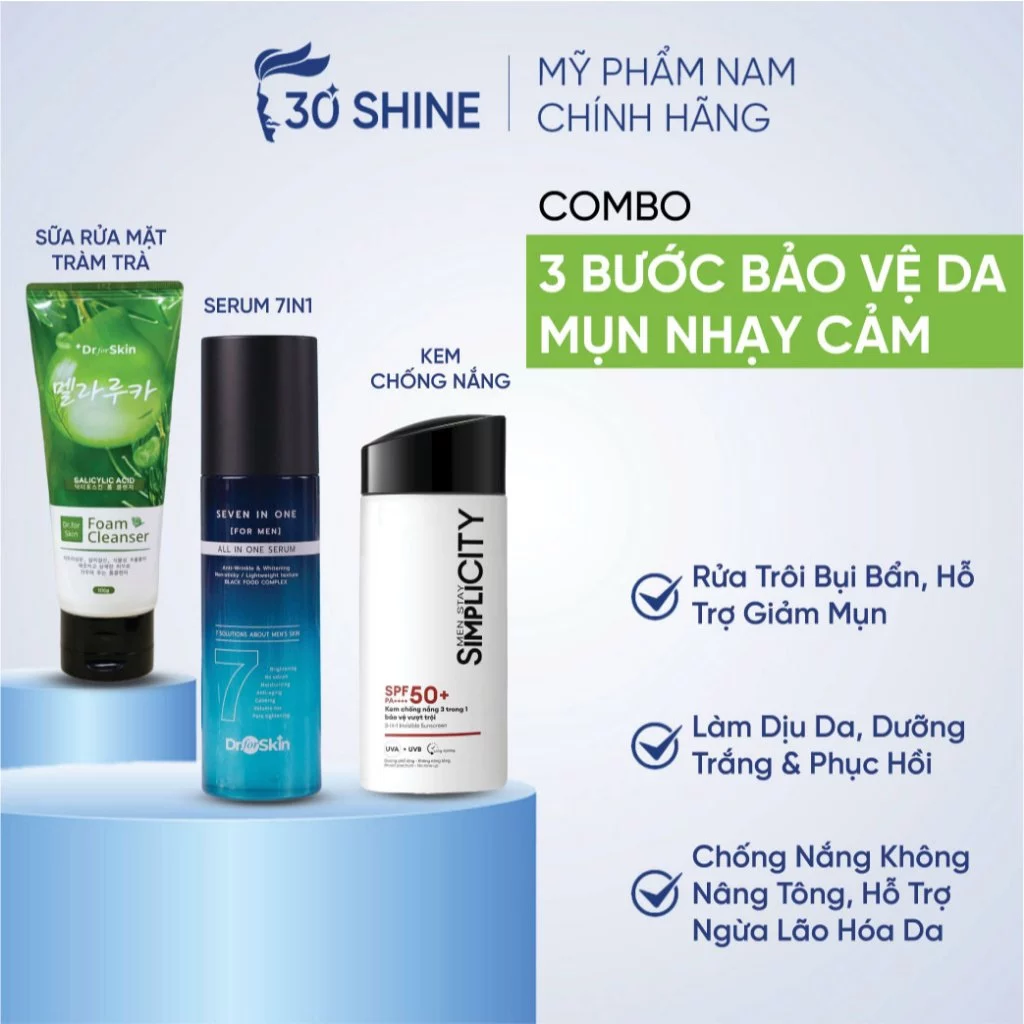 Combo 3 Bước kiềm dầu/sáng đều màu gồm: SRM tràm trà + Serum 7in1 Dr.FORSKIN + Kem chống nắng Simplicity
