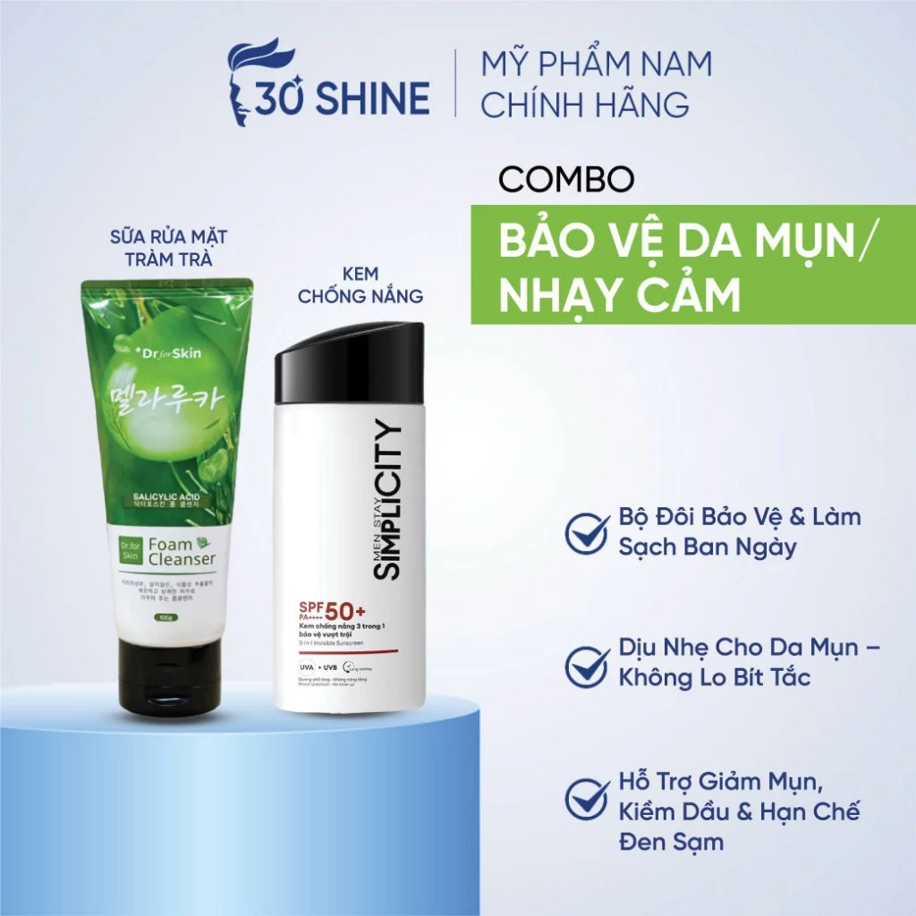 Combo chống nắng cơ bản cho da dầu mụn/nhạy cảm SRM tràm trà Dr.FORSKIN+ Kem chống nắng Simplicty
