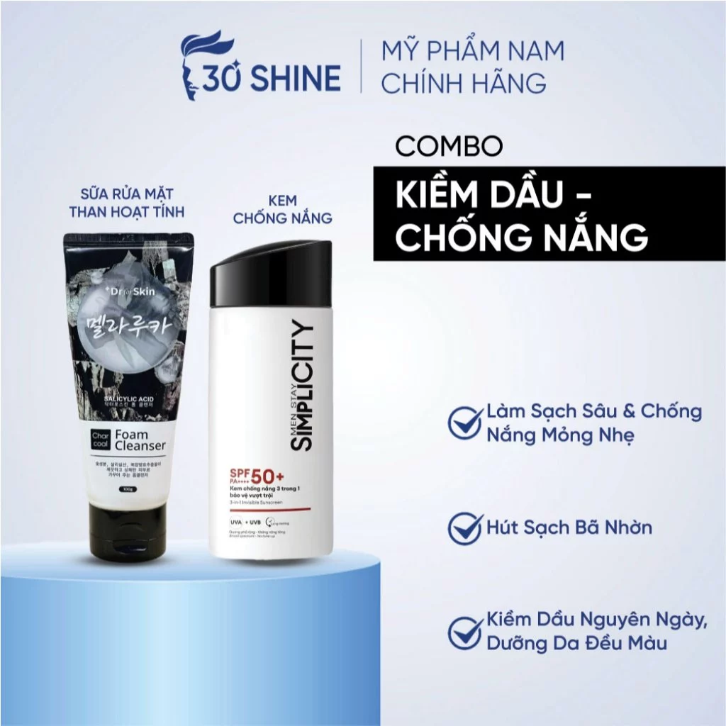 Bộ đôi Tinh Gọn Chống Trôi:  Sữa rửa mặt than hoạt tính Dr.FORSKIN 100ml và Kem chống nắng Simplicity 80ml